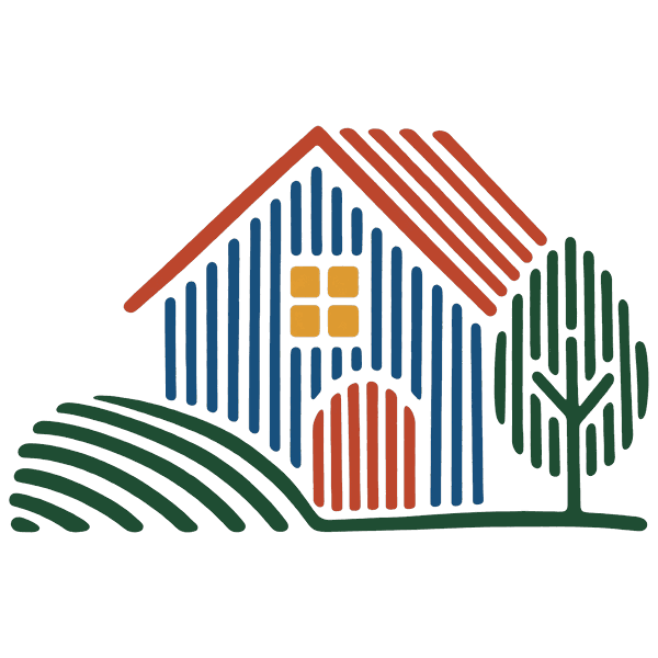 A village house drawn in parallel strokes: hatched roof, blue timber wall, arched door, tree and field.