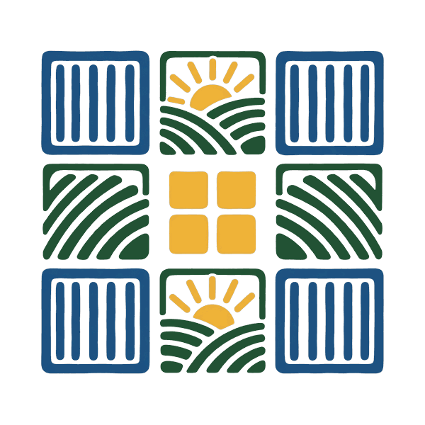 A nine-square grid of hatched tiles, each a fragment of field, furrow or window.